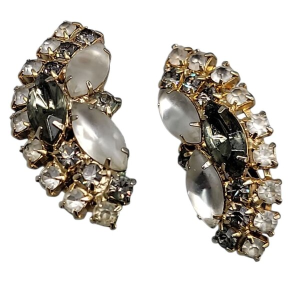 Elsa Schiaparelli Clip On Earrings Vtg 1950s Smokey Quartz Frosty Glass Unsigned - Picture 1 of 12